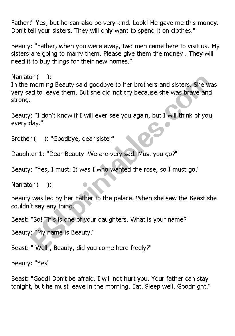 Beauty And The Beast A Play Script For Elementry Level Esl Worksheet By Ms Fadia