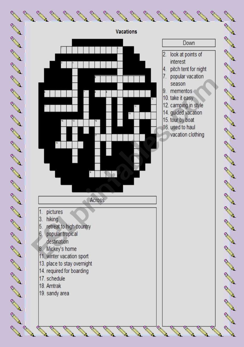 CROSSWORD PUZZLE: VACATION worksheet