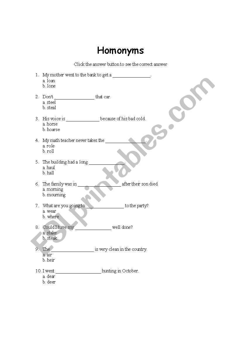 Homonyms worksheet