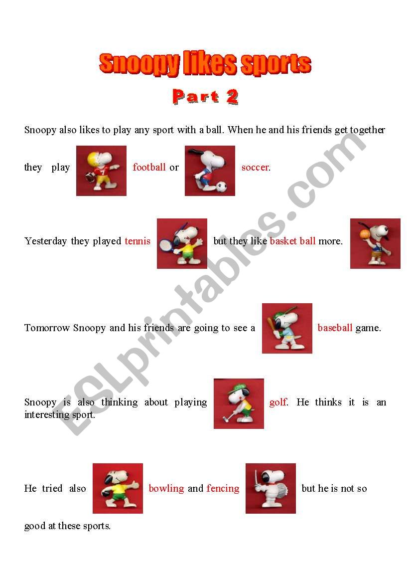 Snoopy likes sports - part 2 worksheet
