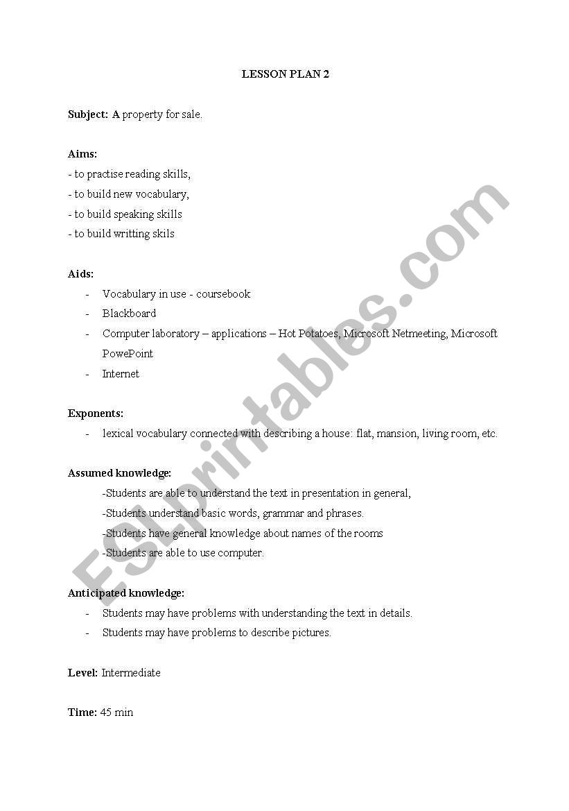 Internet-based Lesson plan - a property for sale