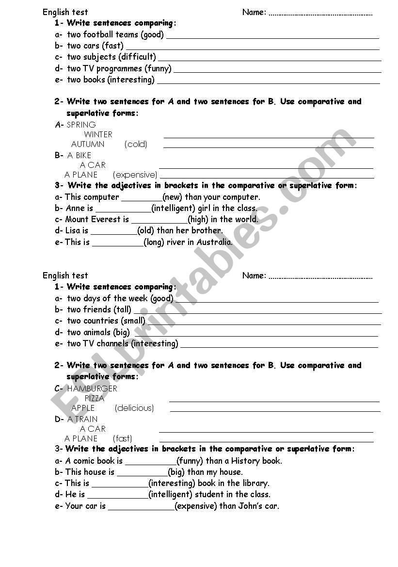 Comparative and superlative adjectives Test