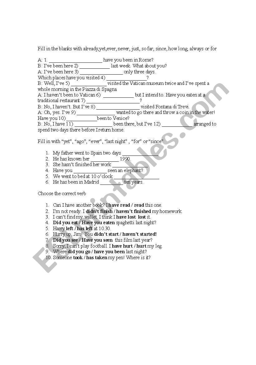 present perfect worksheet