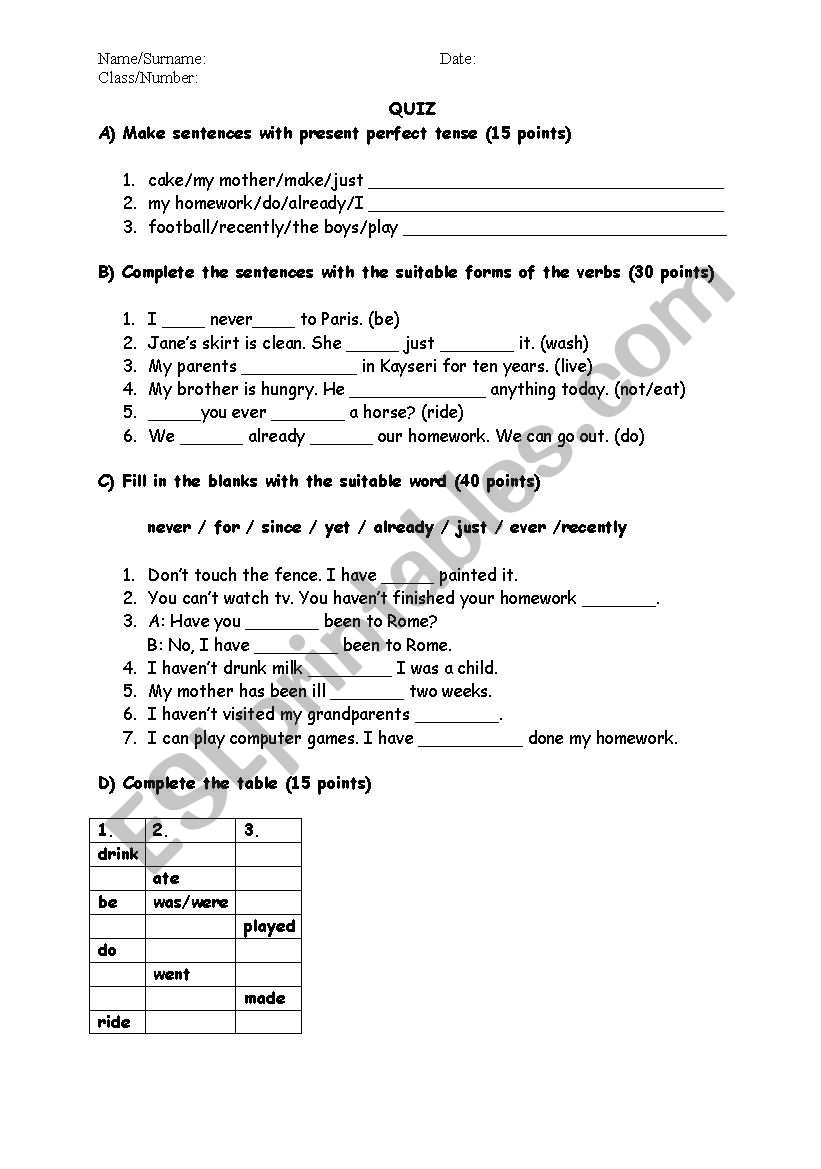 present perfect tense exercises