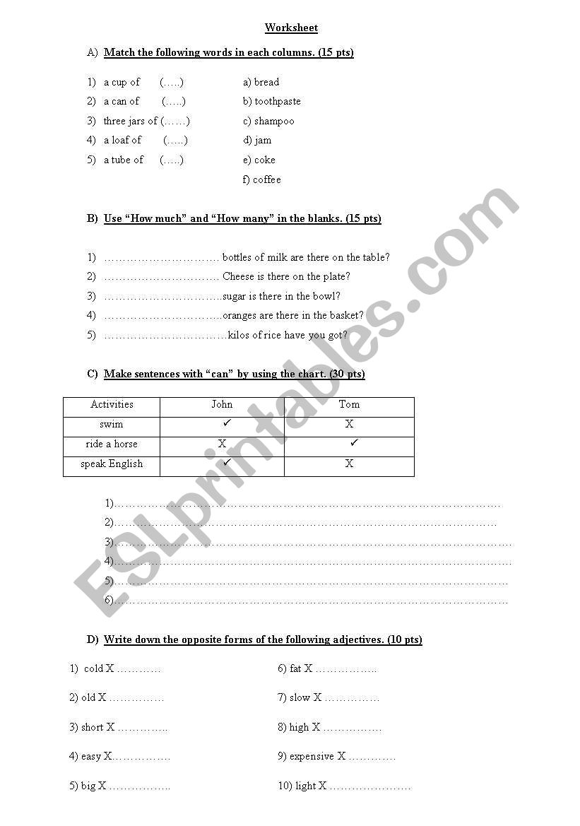 Quantifiers and Adjectives worksheet