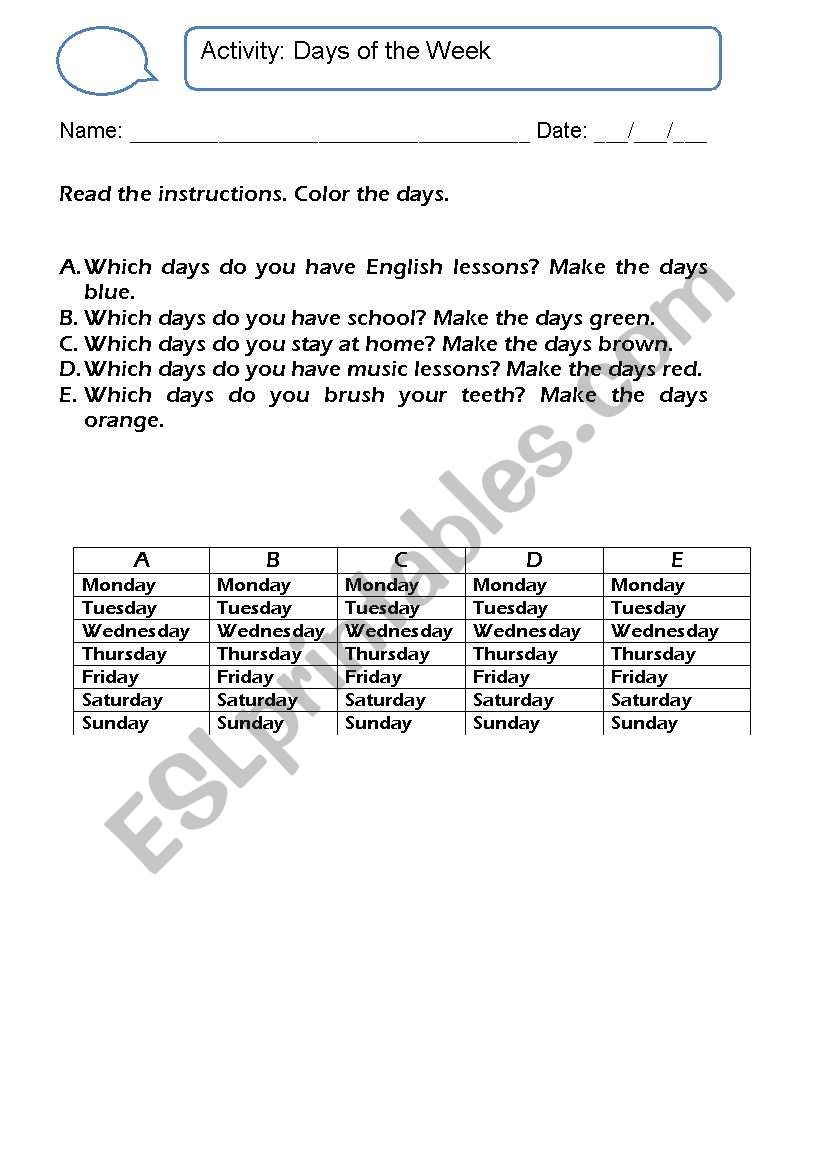 Days of the week worksheet