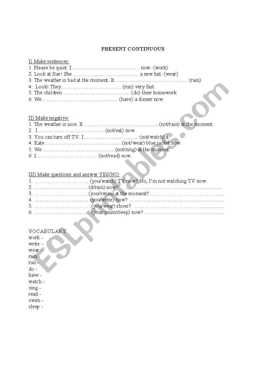 Present Continuous Exercises worksheet