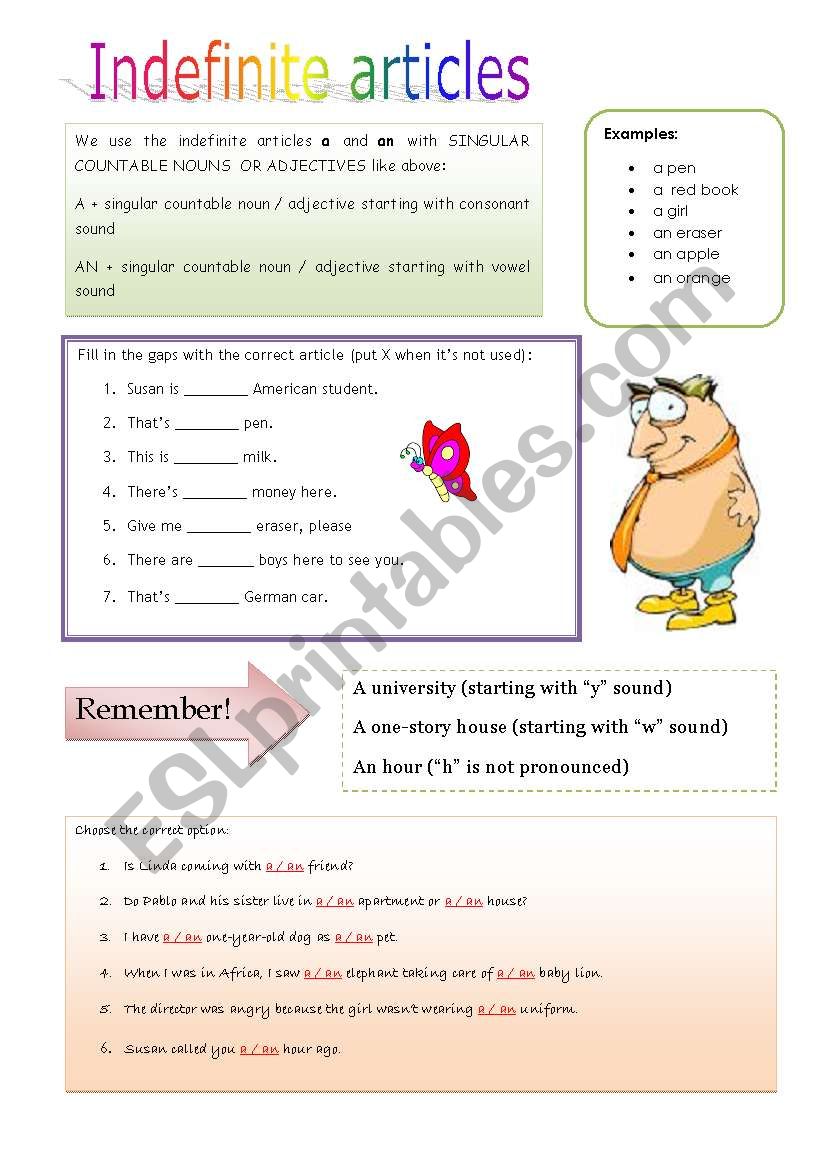 Indefinite articles worksheet