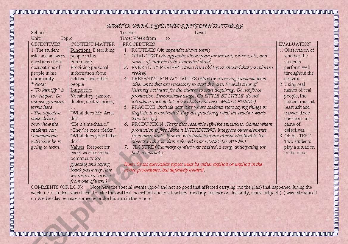 SAMPLE WEEKLY PLAN FOR ENGLISH TEACHERS