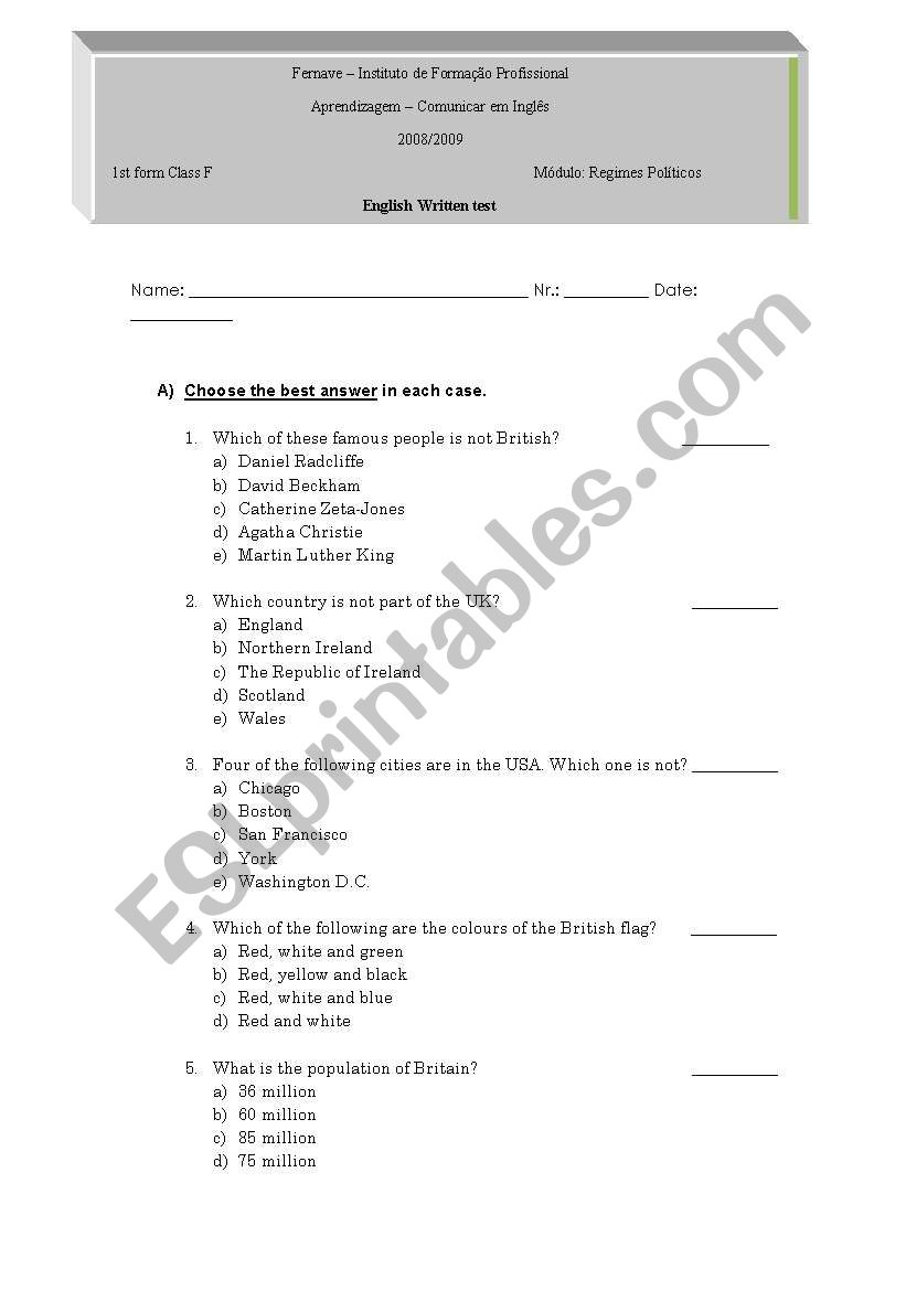 a test worksheet