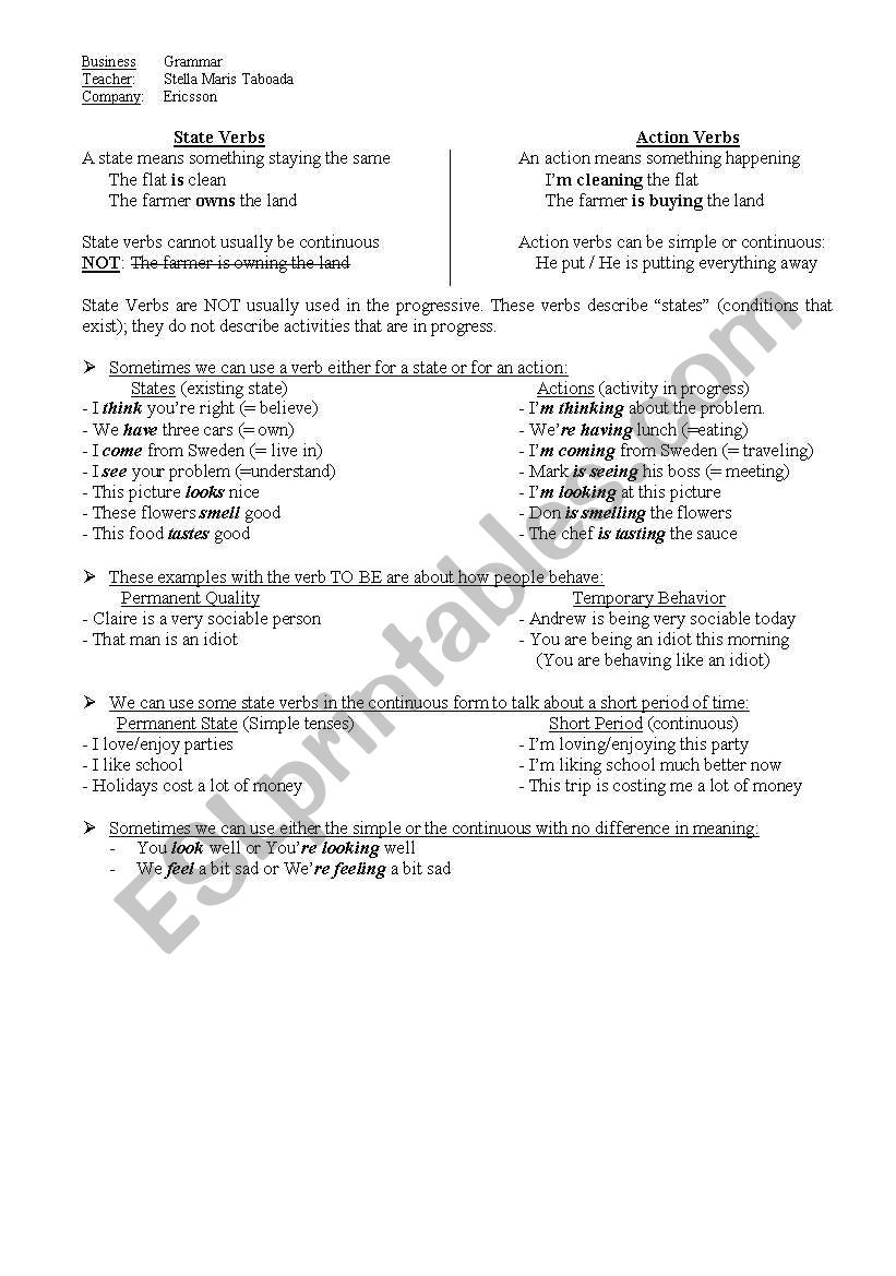 State vs Action verbs worksheet