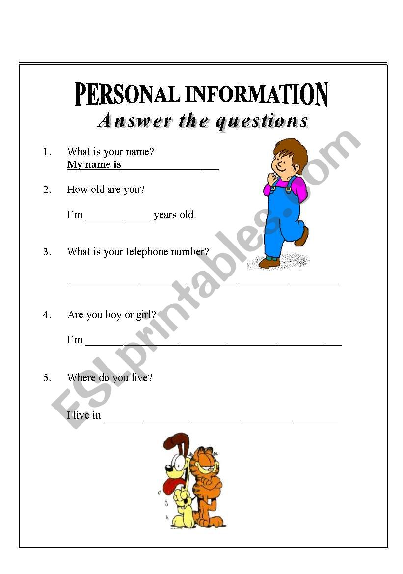 personal information  worksheet