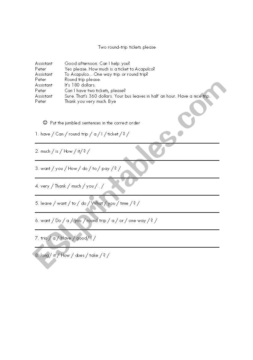 one way trip? worksheet