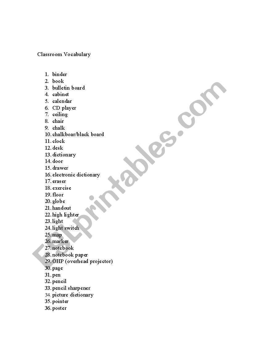 Classroom Vocabulary worksheet