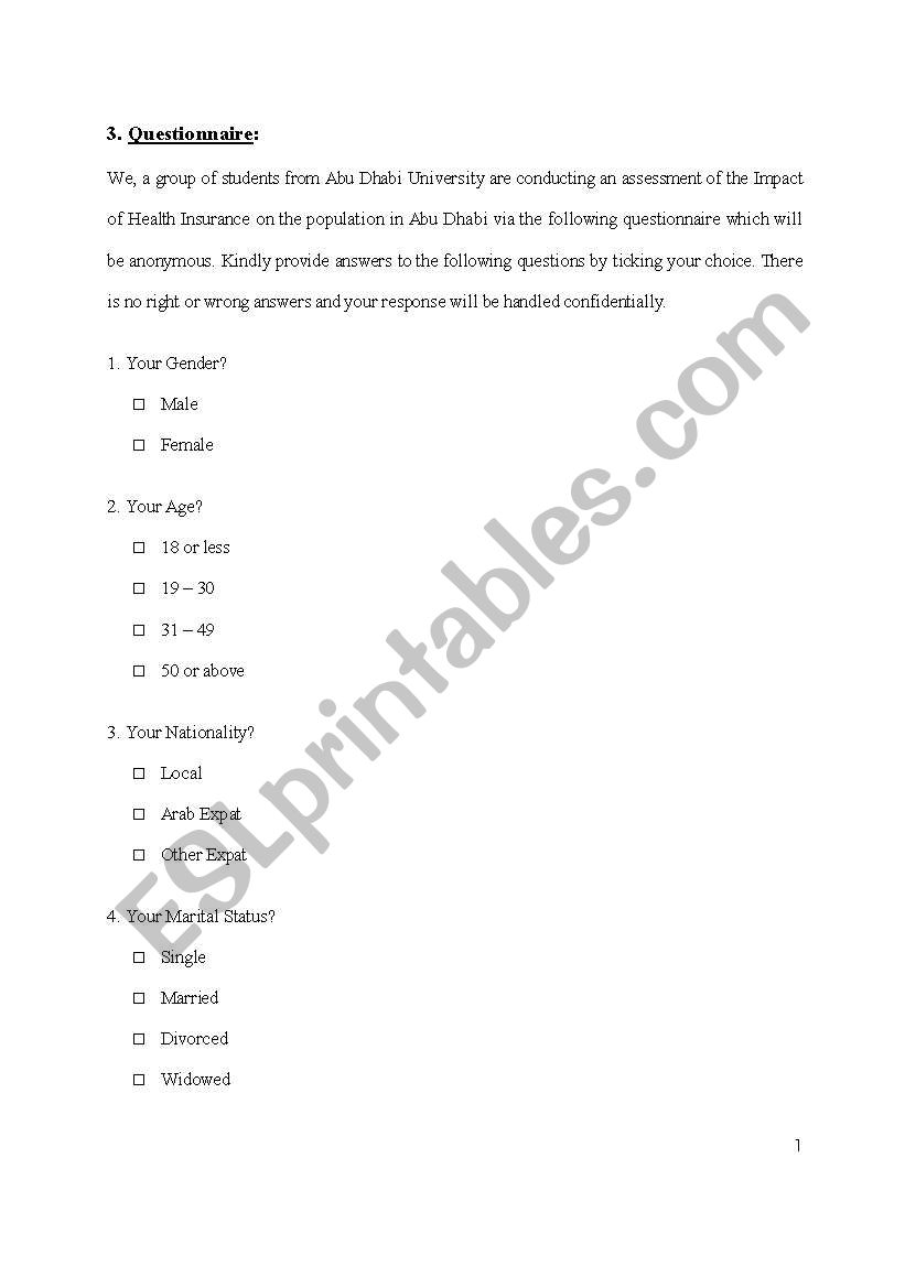 . Questionnaire worksheet
