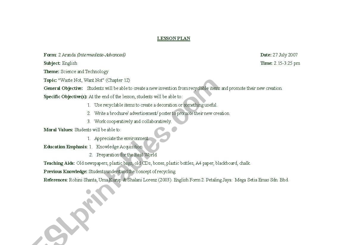 Recycling Lesson Plan worksheet