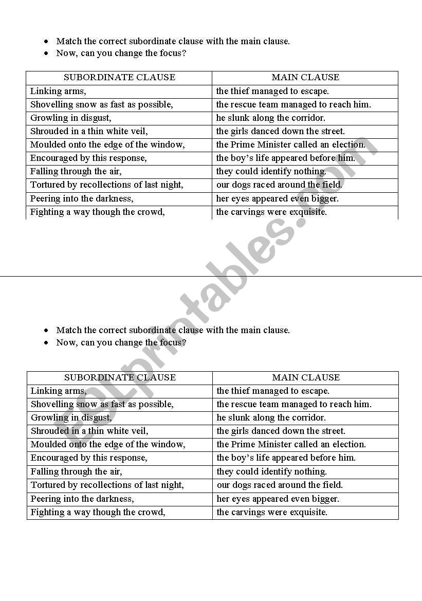 Subordinate clauses worksheet