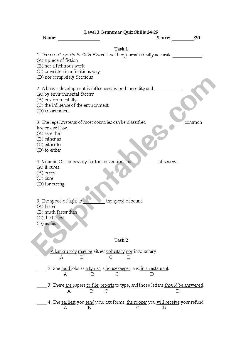 Grammar Quiz for TOEFL worksheet