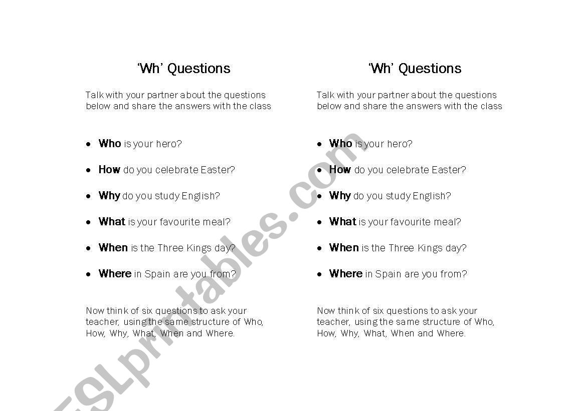 Wh- question Worksheet worksheet