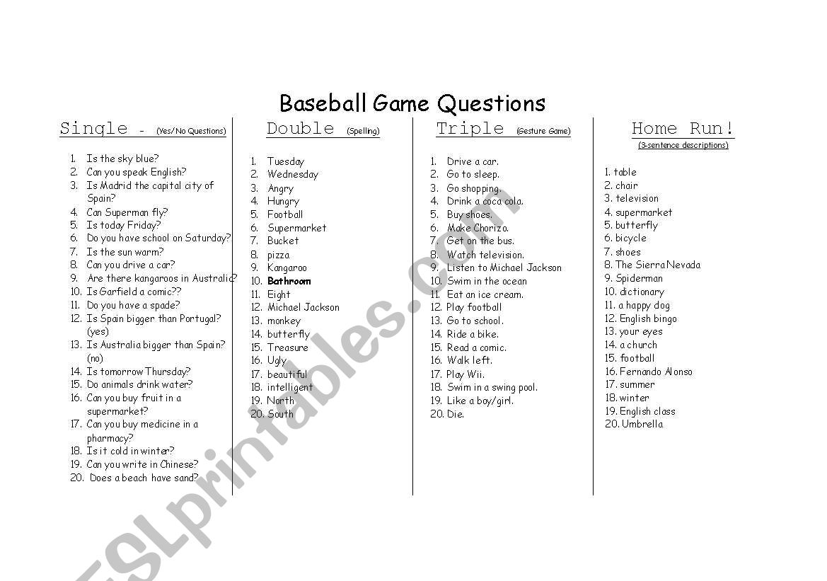 Baseball Game Card worksheet