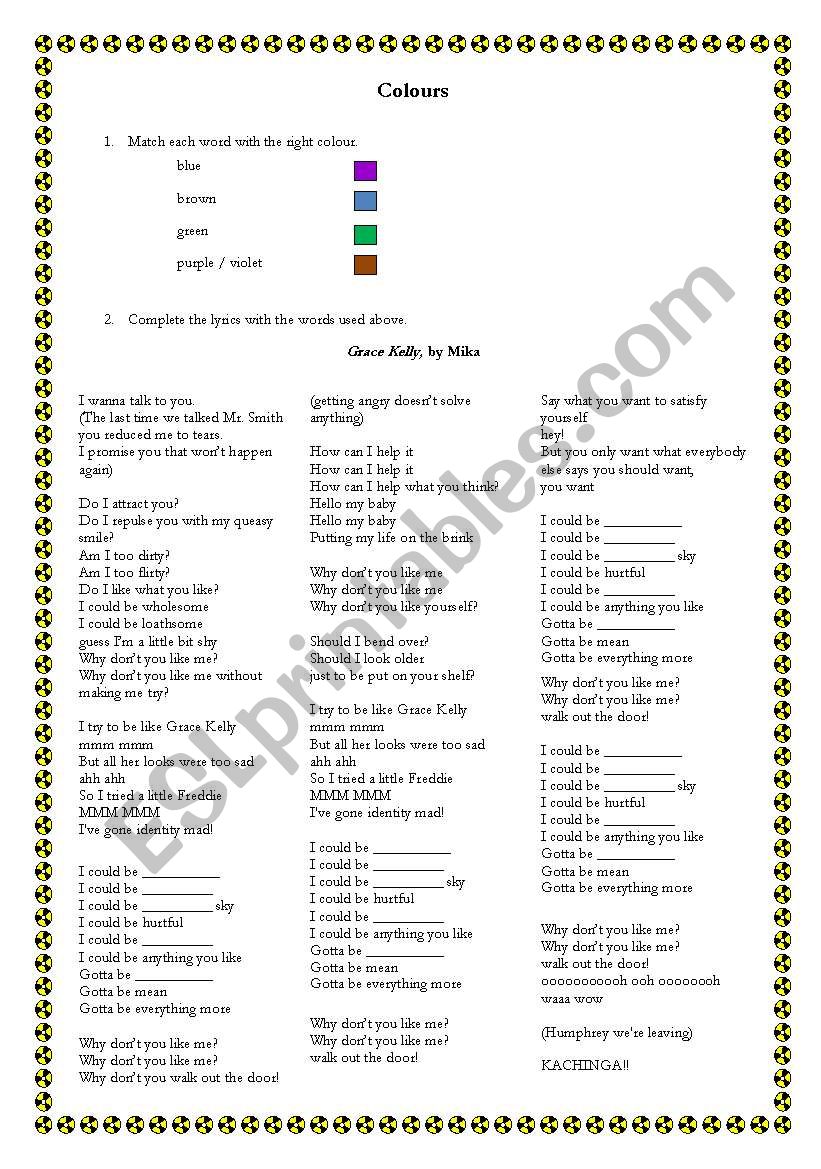 colours, Grace Kelly by Mika worksheet