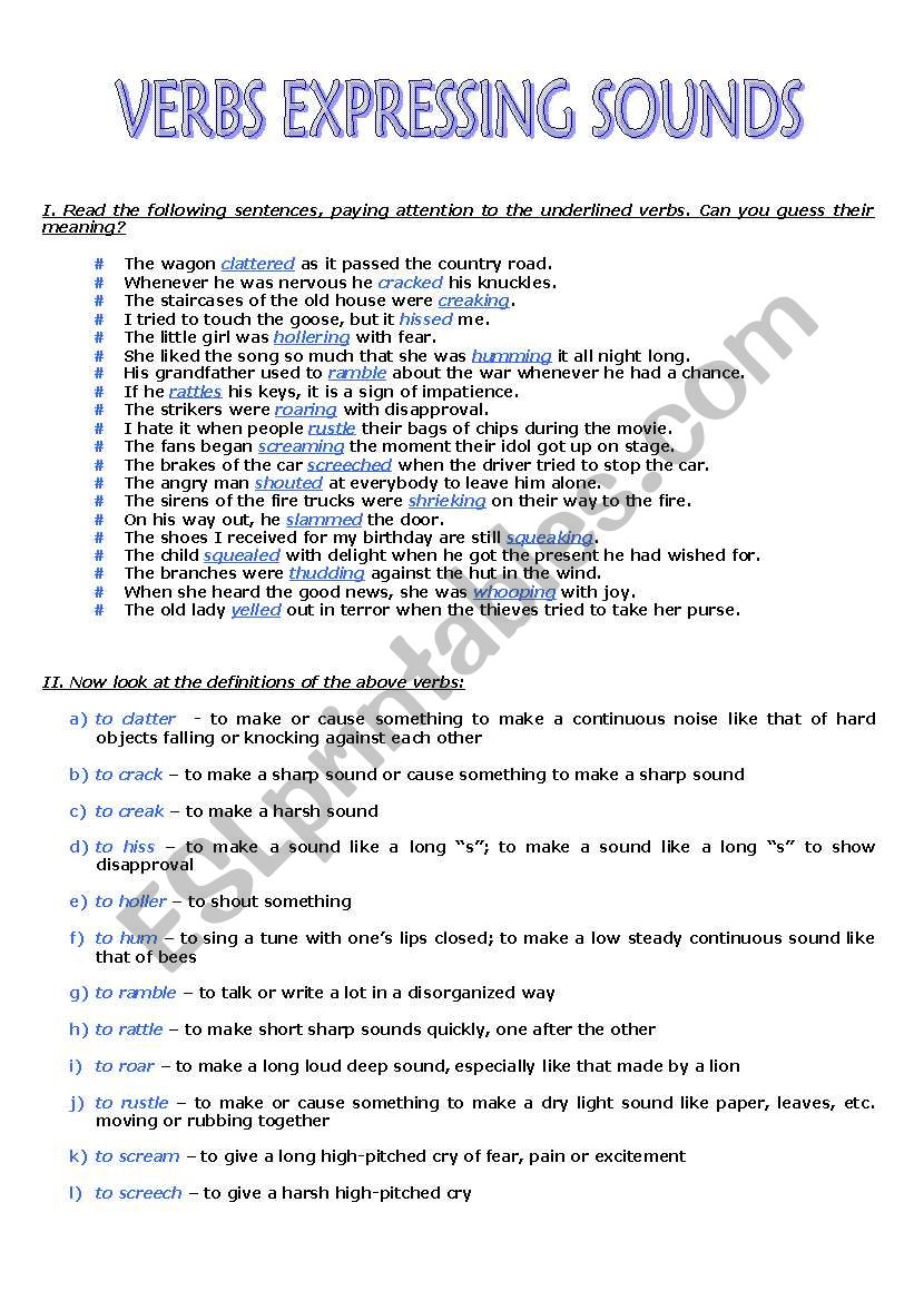 Verbs expressing sounds worksheet