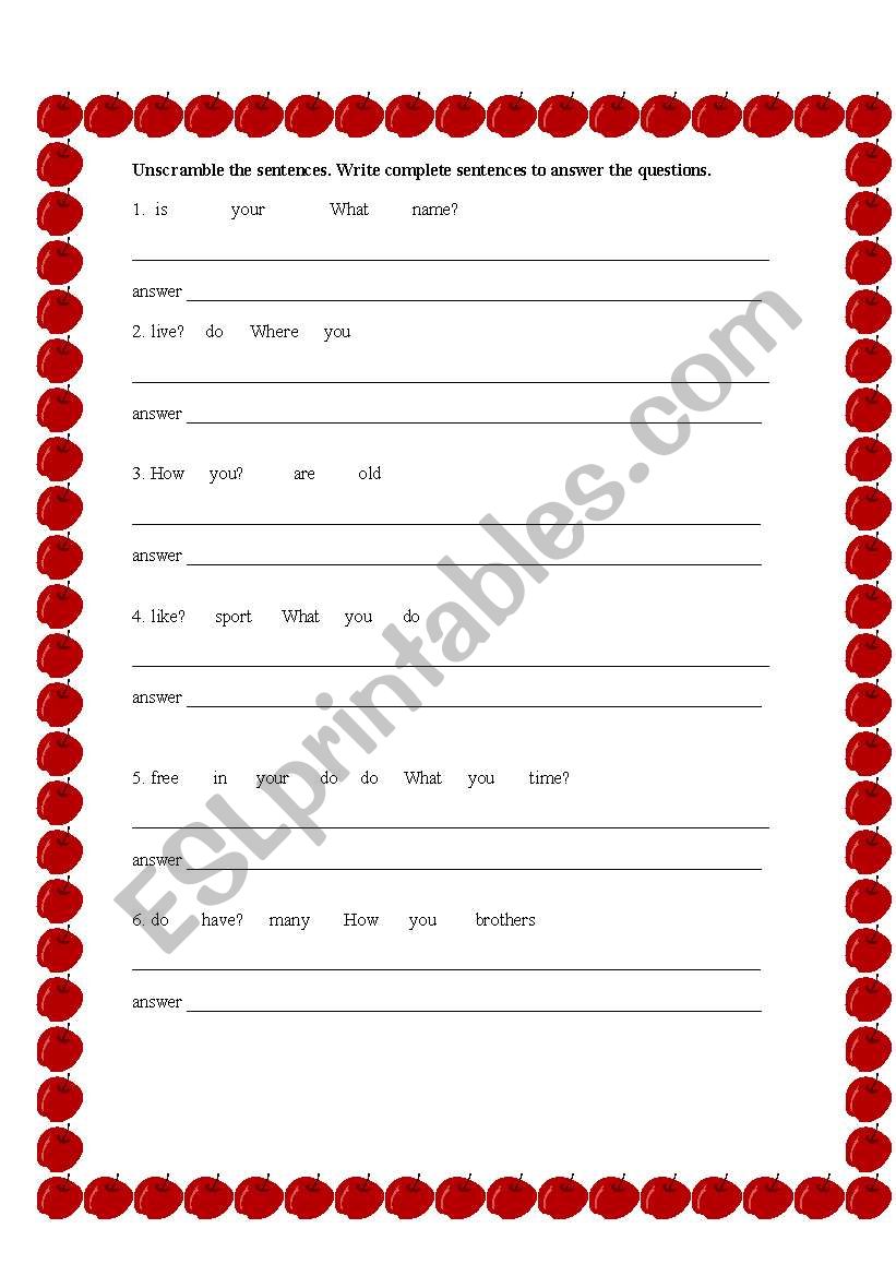Unscrambling Sentences worksheet