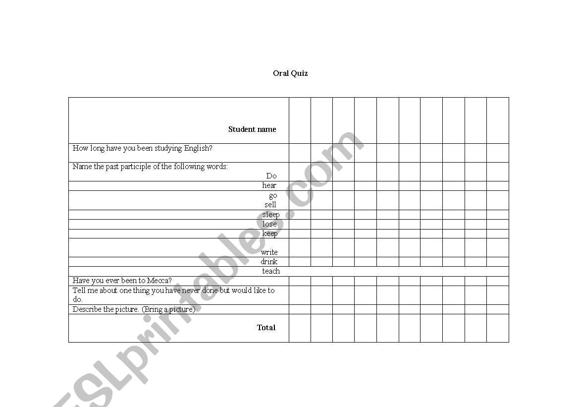 Oral quiz worksheet