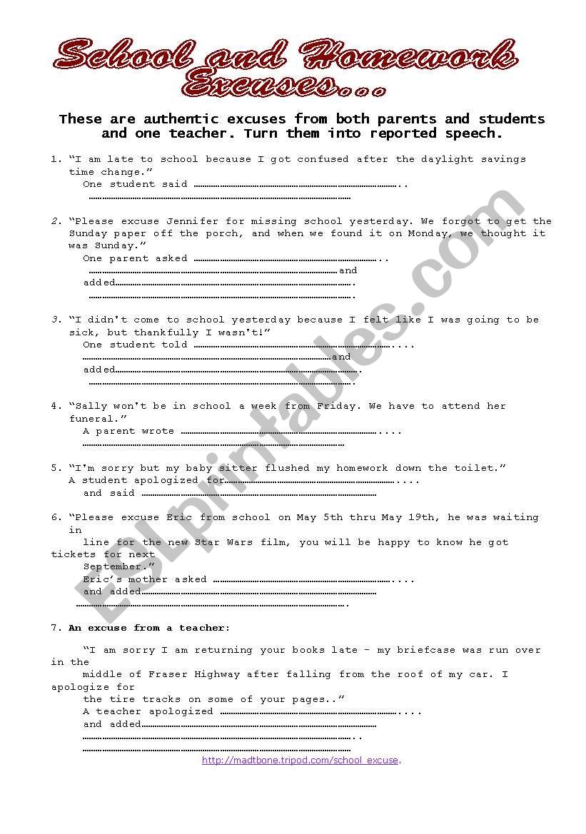 School and Homework Excuses worksheet