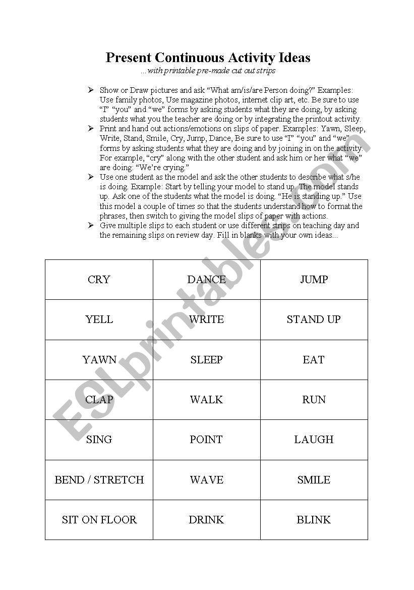 Present Continuous Activity Ideas and Cut-Out Strips