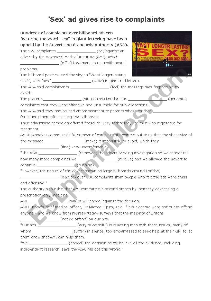 Sex-ad reading & exercises worksheet