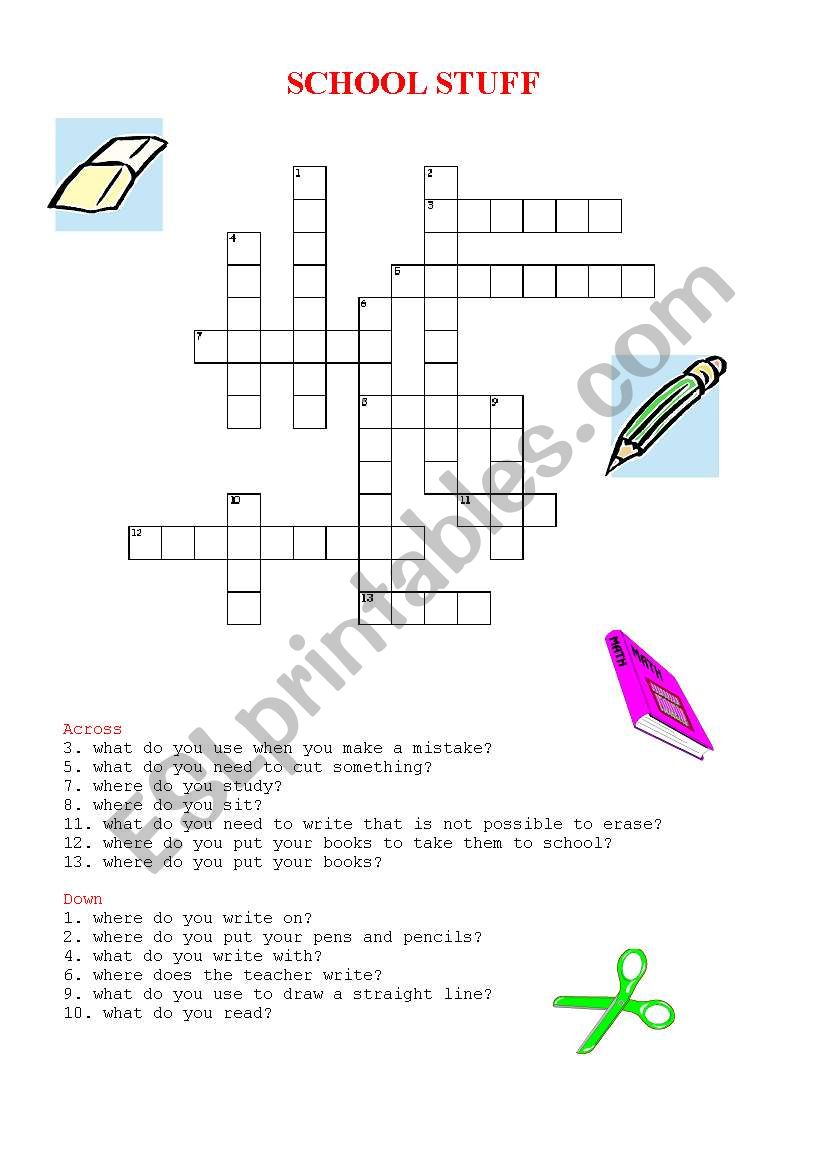 school stuff crossword worksheet