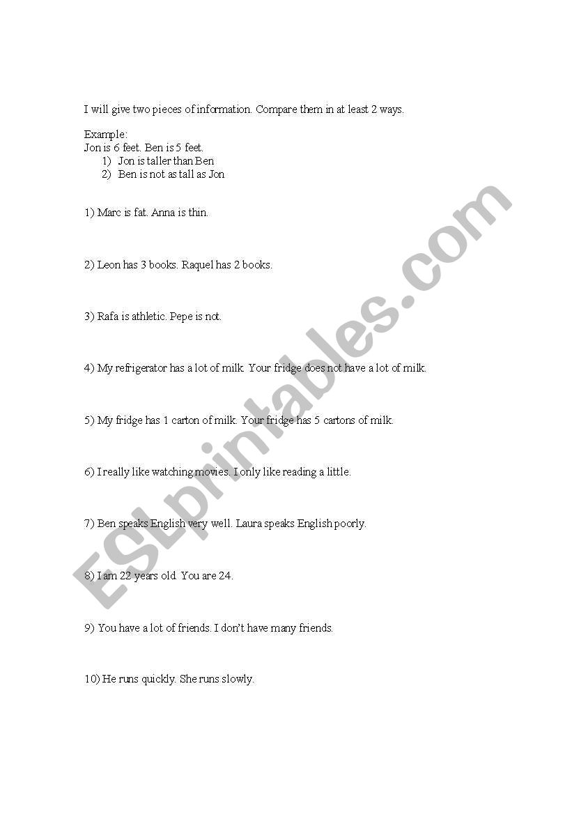 Comparative Worksheet worksheet