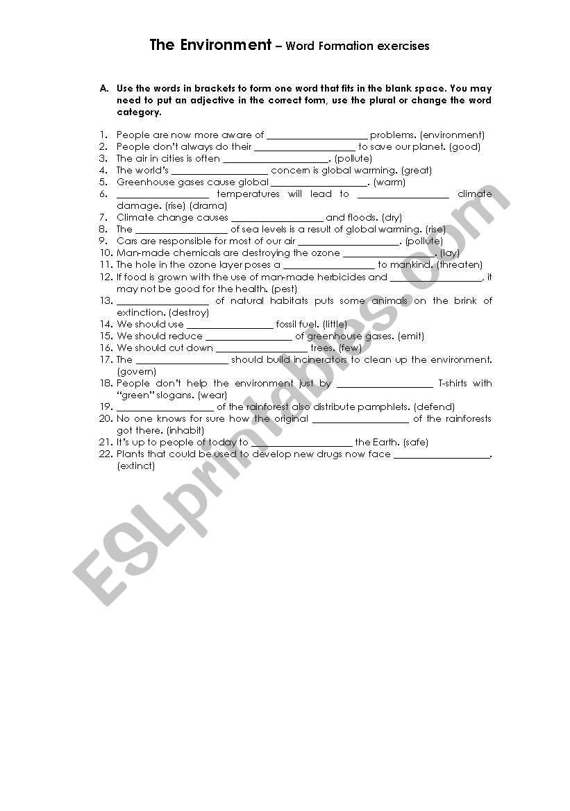 The Environment - Word Formation exercises