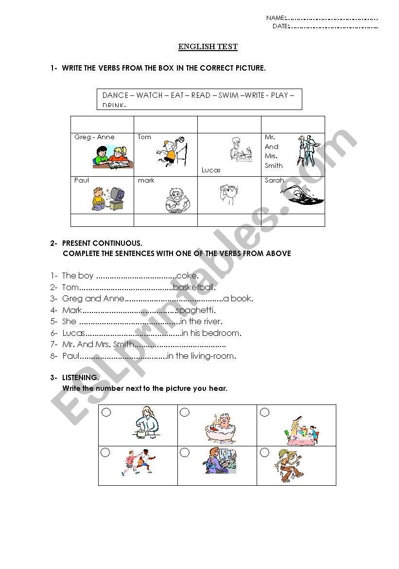 Present Continuous test worksheet