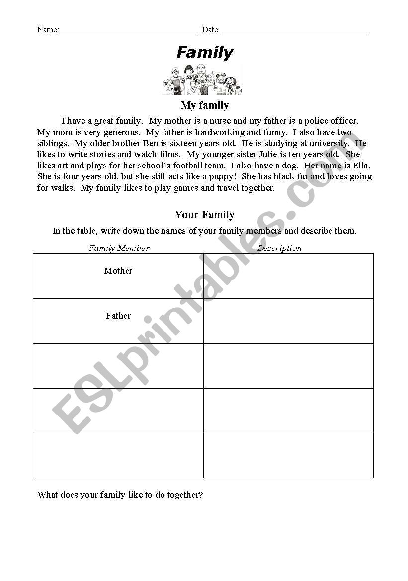 Family Descriptions worksheet