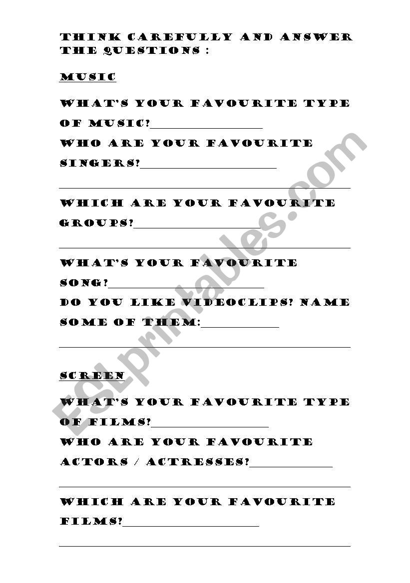 Favourites Test worksheet