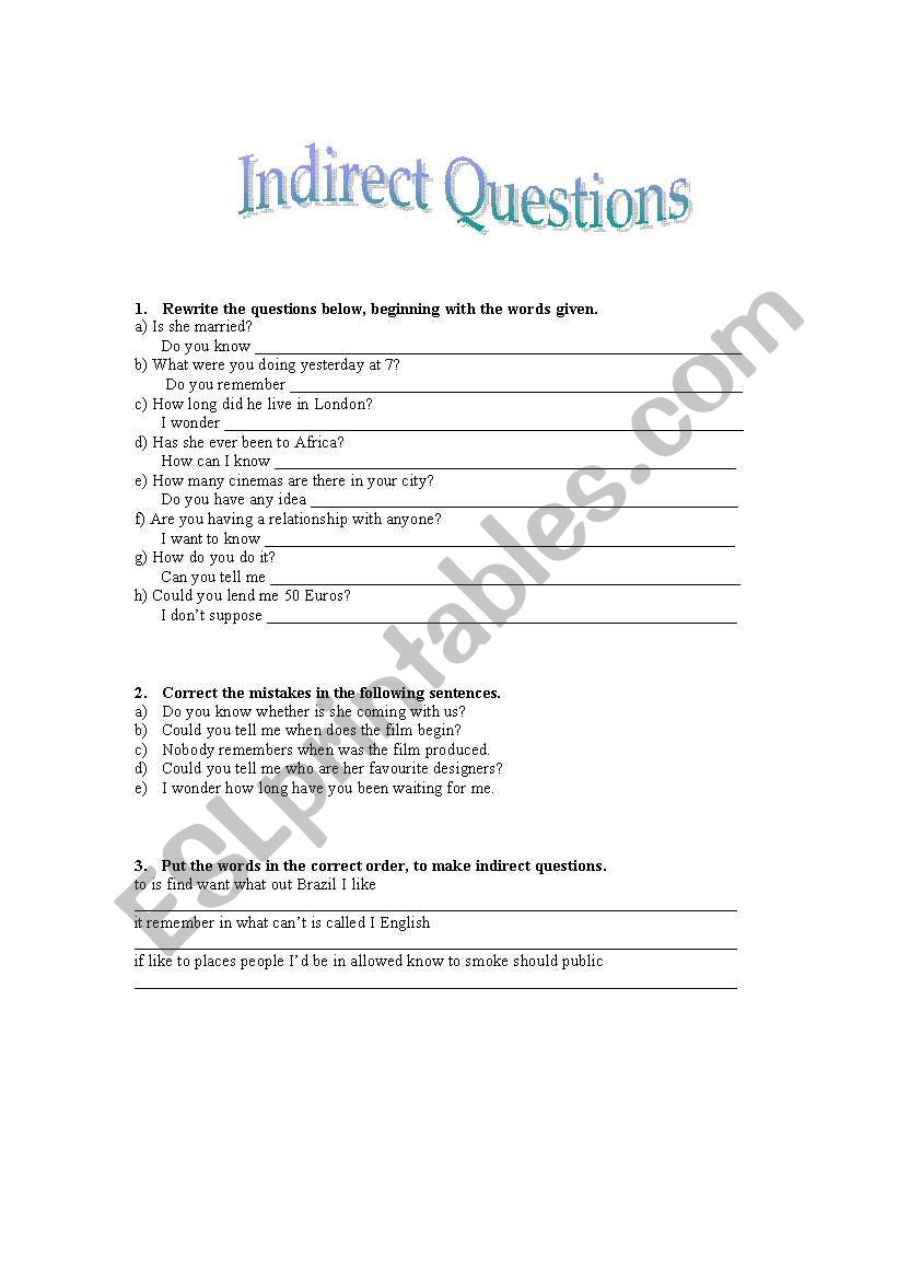 Indirect Questions worksheet