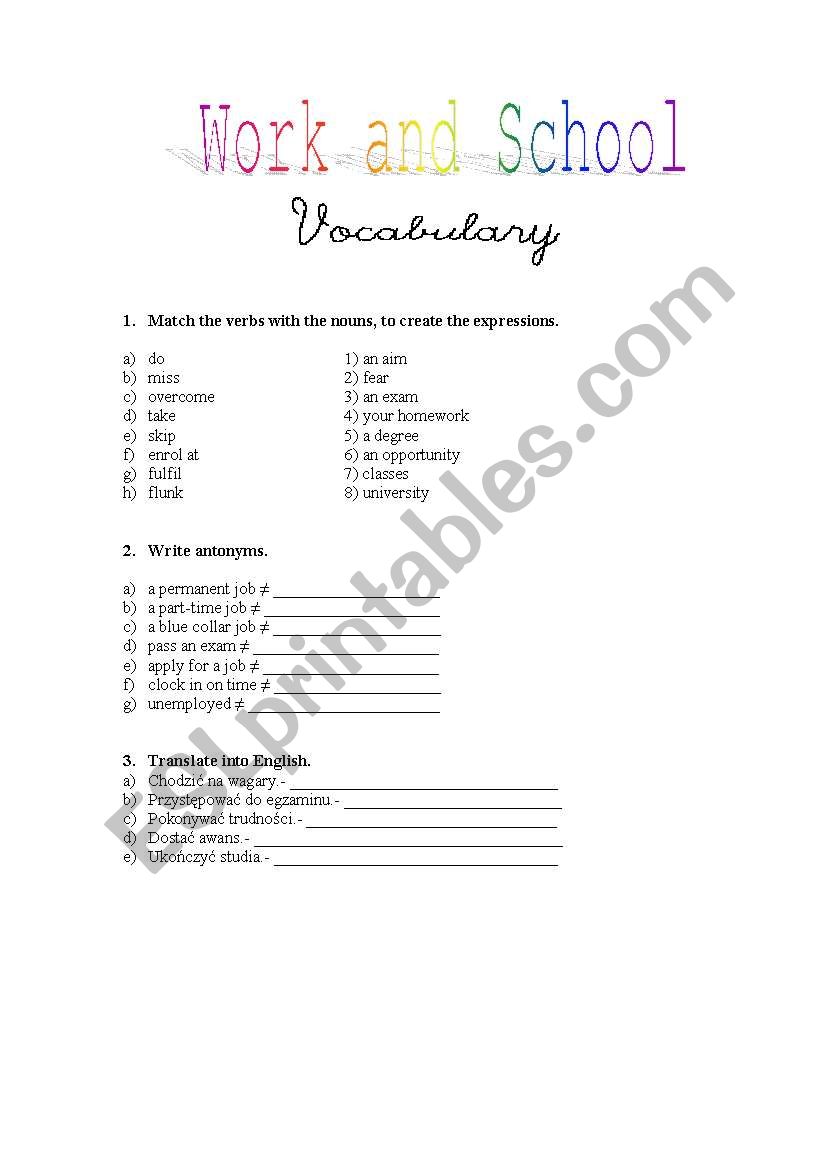 Work and School- vocabulary worksheet