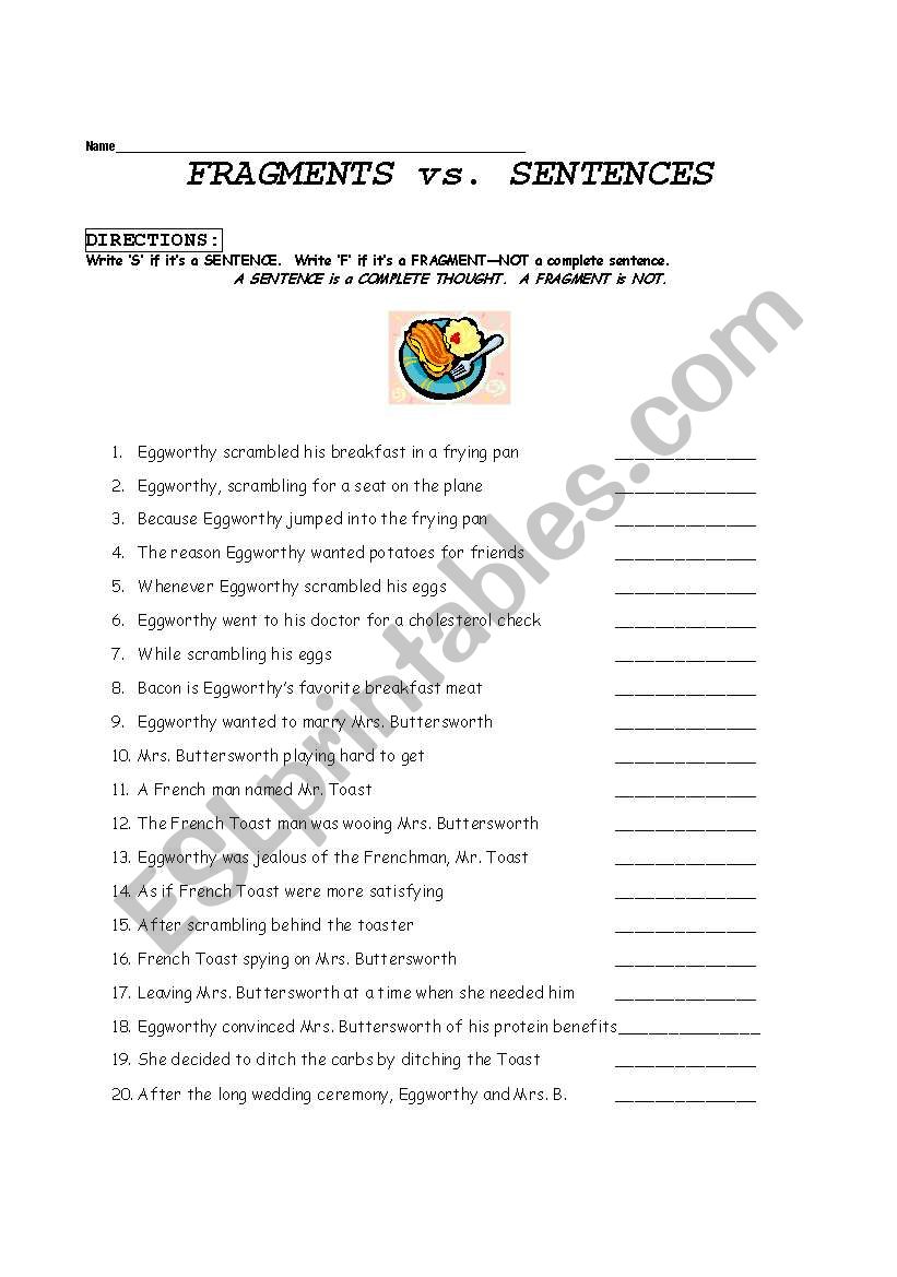 Fragments vs. Sentences  worksheet