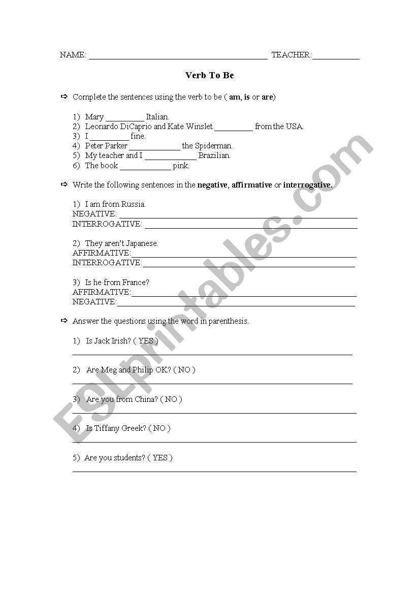 VerbToBe Worksheet worksheet