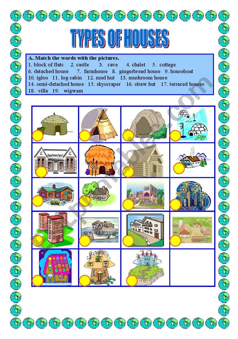 Types of houses -matching worksheet