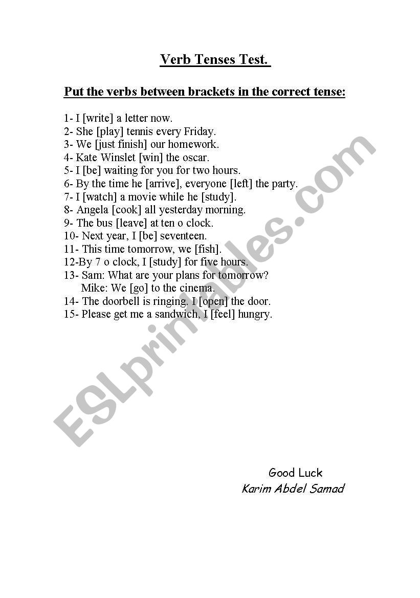 Verb tenses test worksheet