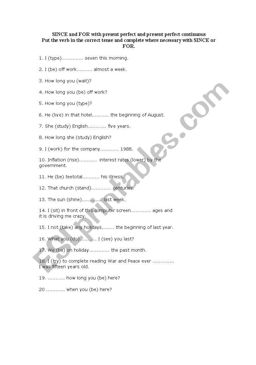 Worksheet and answer sheet on Present perfect For/Since