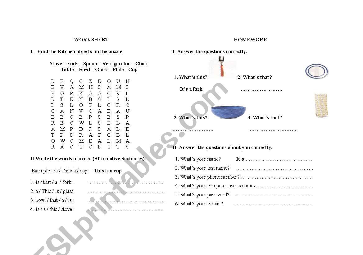 household  objects  worksheet