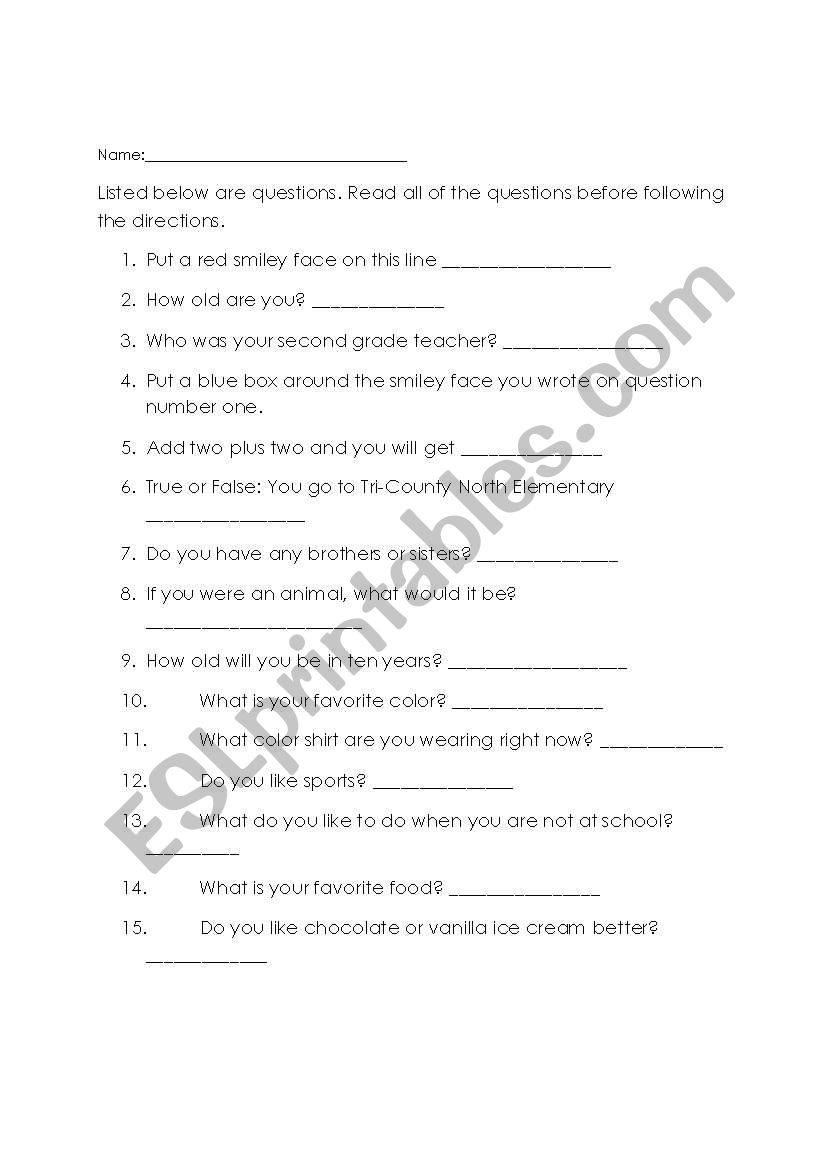 Following Directions worksheet