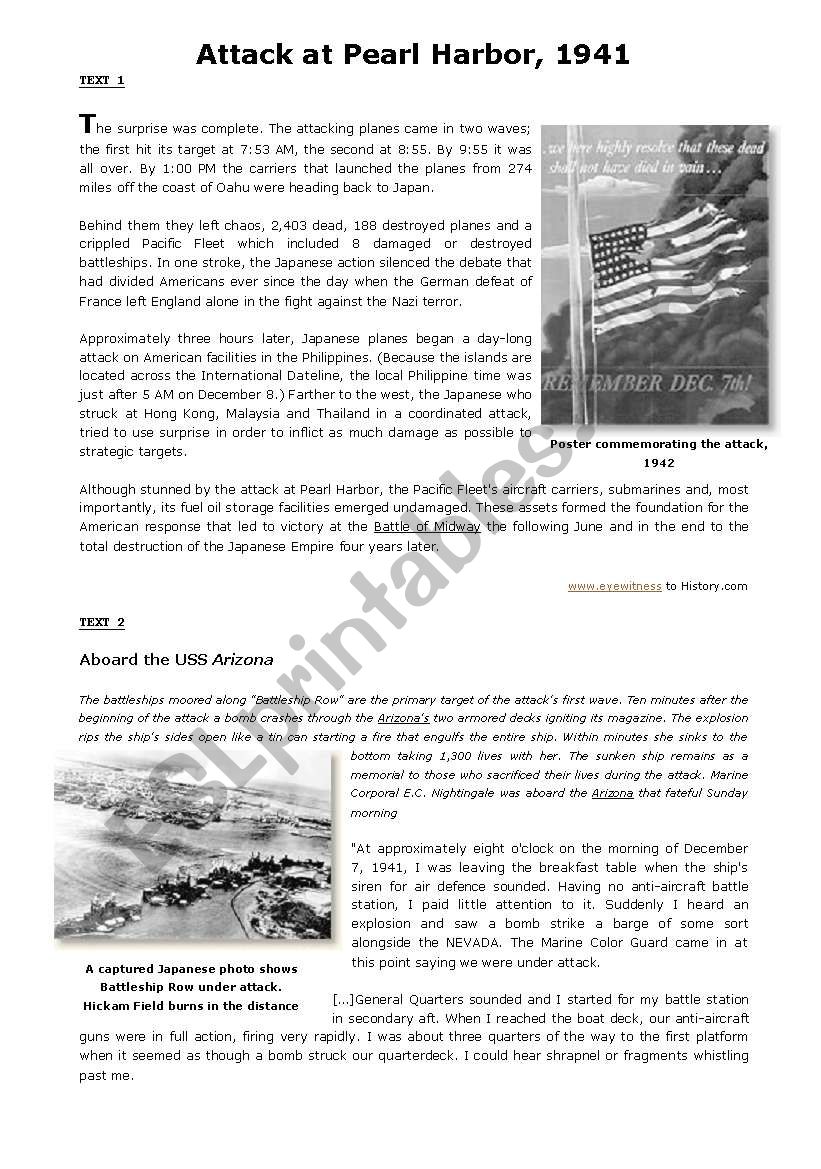 Attack At Pearl Harbor 1941 - Esl Worksheet By Nathperpignan