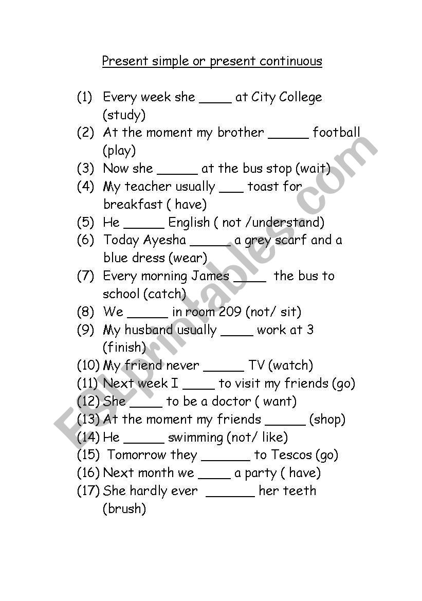 Present simple or continuos worksheet