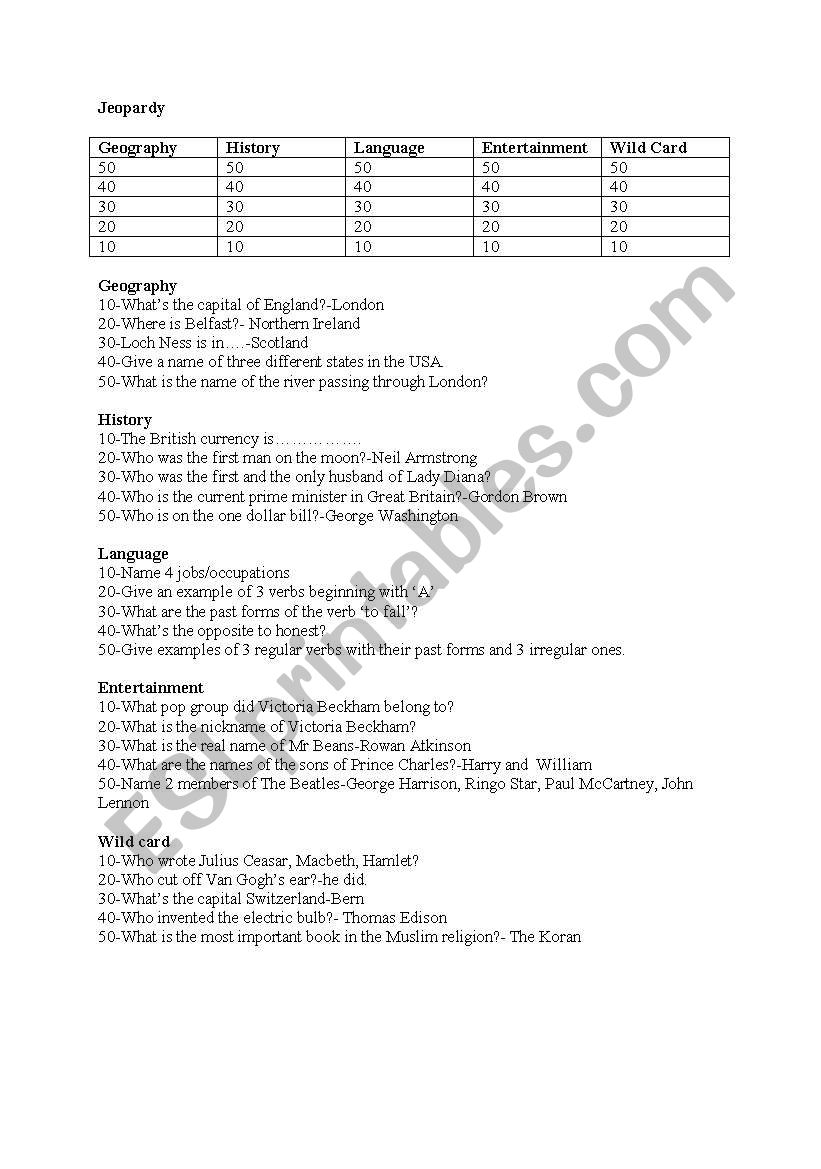 Culture knowledge game worksheet