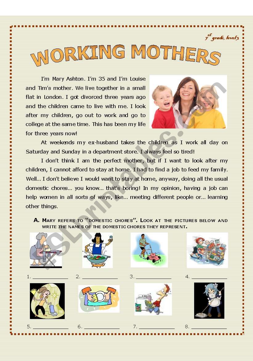 Working mothers worksheet
